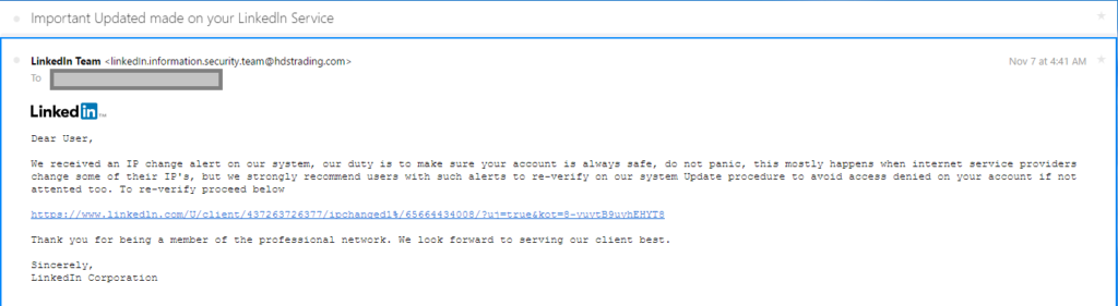 Phishing Email from LinkedIn. Look at the From Email Address, Look at the Link (Linked-lower-case L-n), Hovering over the link shows a completely different website address too